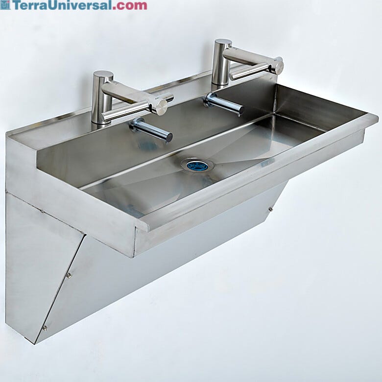 BioSafe® ADA compliant wall-mount sink featuring stainless steel finish faucet and two high-speed drying airblade faucets | 1373-65 displayed
