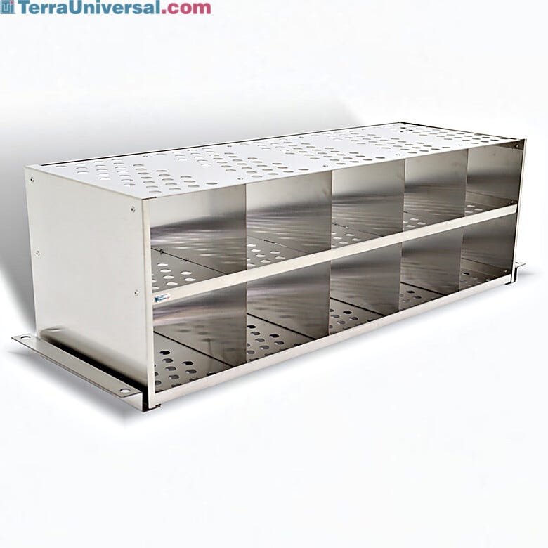 304 stainless steel bootie rack with glides for retrofitting to gowning bench, perforated surface with 10 cubbies  |  1560-41 displayed