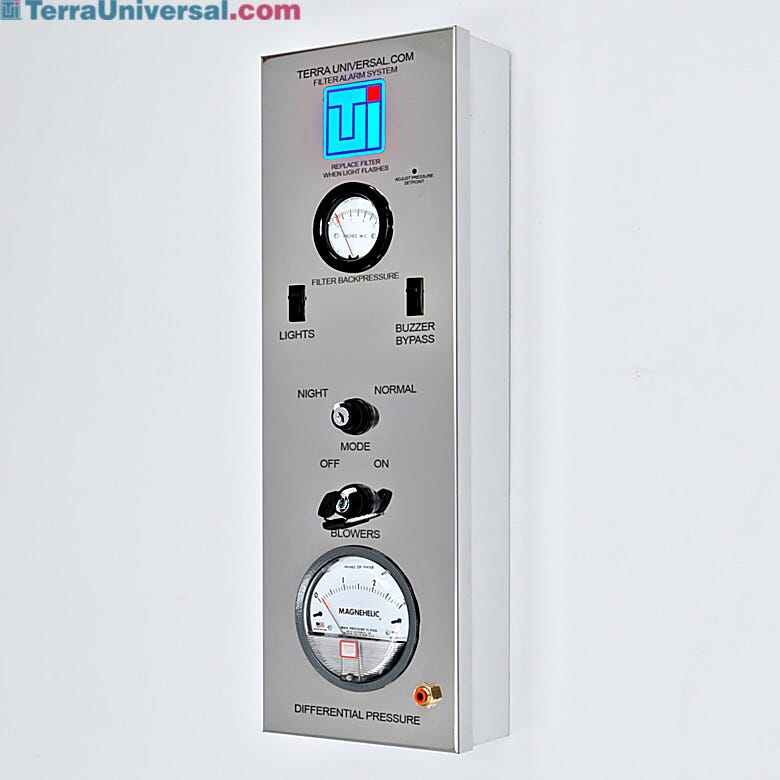 Cleanroom control panel provides centralized control and monitoring of cleanroom functions; status indicator LED blinks when FFU filters need replacement  |  6600-23A-NS displayed
