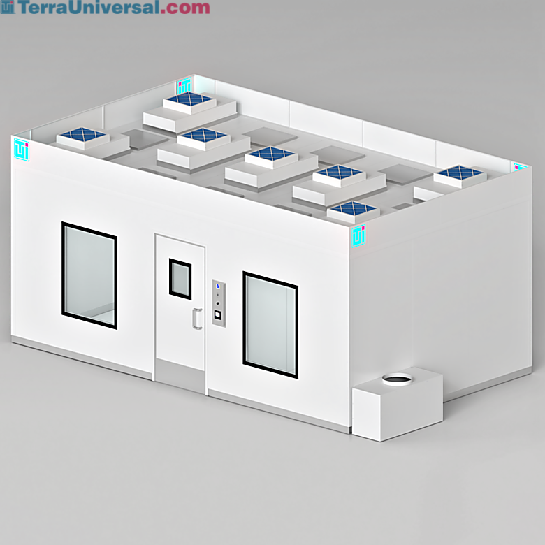 Modular BioSafe Wall Panel cleanroom configured with FFUs, light panels, and air plenum included for a turnkey compounding room  |  2899-20 displayed