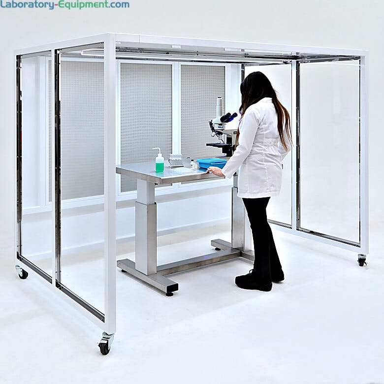 Portable horizontal CleanBooth, three-sided hardwall enclosure, laminar flow of HEPA-filtered air with custom dimensions