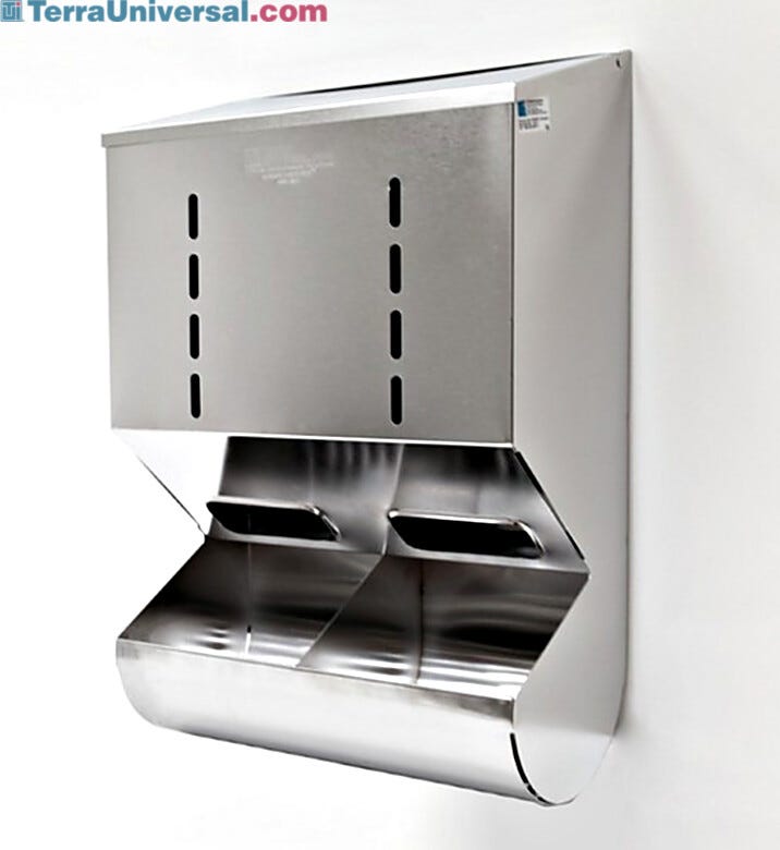 Stainless Steel Wall Mounted 2 Chamber Glove Dispenser with Catch Tray | 4951-38-2-316 displayed