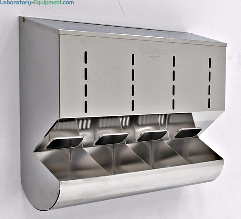 Stainless Steel Wall Mounted 4 Chamber Glove Dispenser with Catch Tray | 4951-33-2 displayed