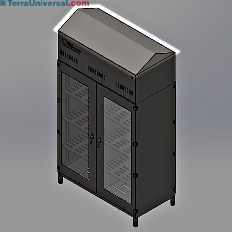 Double sided cleanroom storage cabinet; 304 stainless steel, 2 doors on front, 2 doors on back, locking handled, dual-side sloped top