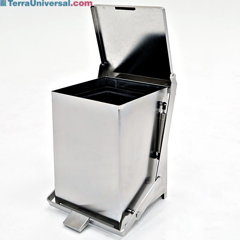 Electropolished ISO 4 stainless steel rectangular hands-free waste receptacle with pneumatic soft-closing lid, 12