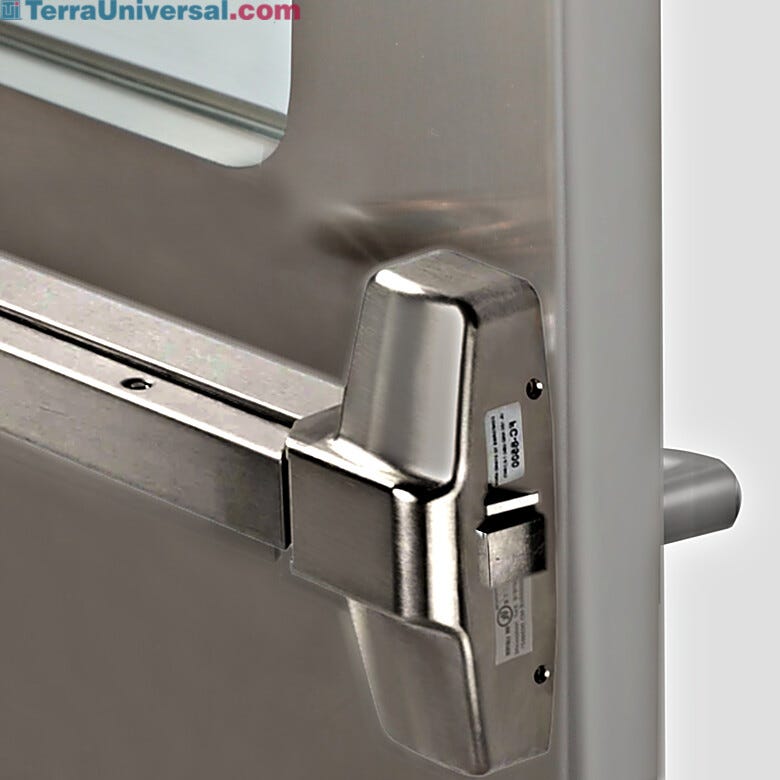 Emergency Exit bar installed to cleanroom door provides fire and emergency safety | 6603-LP-P displayed