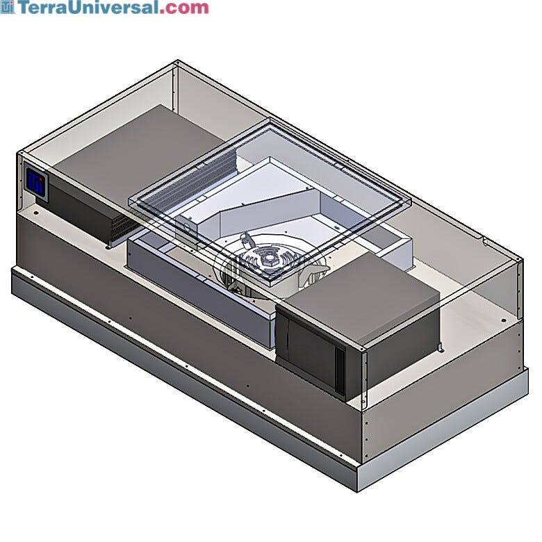 Uninterruptible Power Supply (UPS) mounted on top of FFU; main UPS unit plus add-on battery for extended runtime; status indicator lights provide visual alerts | 6601-24A-HSS-EC-BP displayed