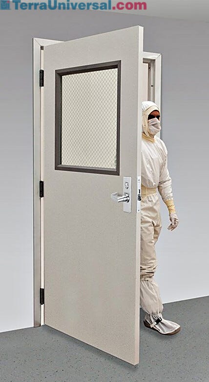 UL-listed fire-rated door with wired-glass window, shown with optional mortise locking mechanism and hinges installed