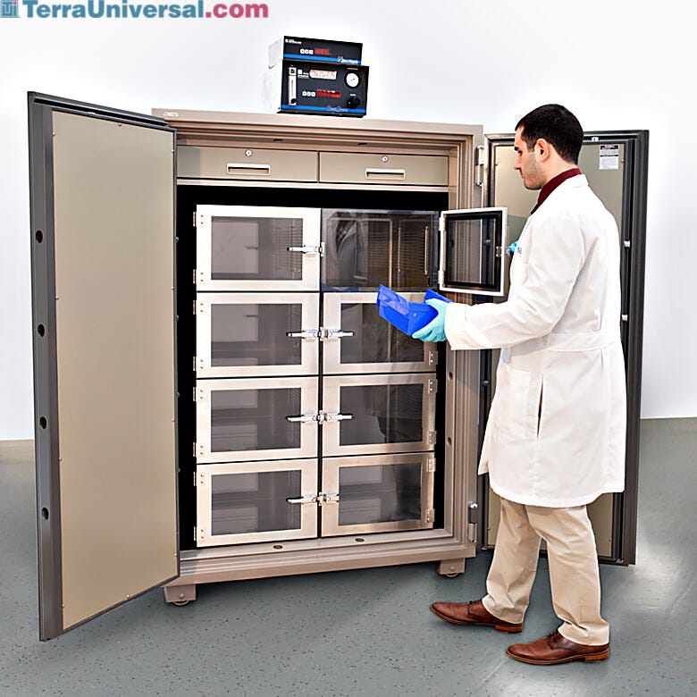 Steel safe holds 8-chamber SDPVC desiccator, secure double doors self-lock; interior has two locking drawers | 6500-22 displayed