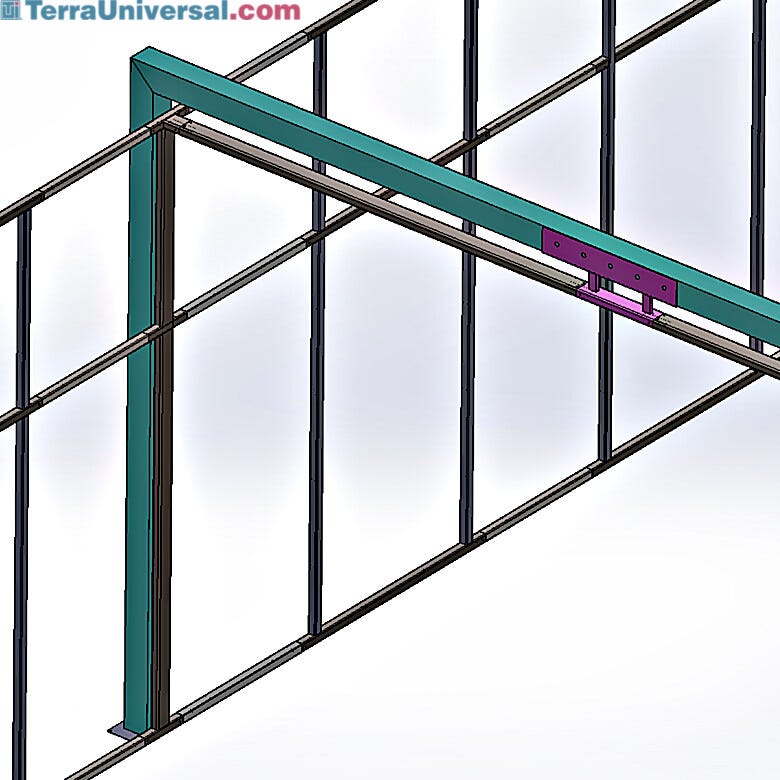 Close-up of roof truss (cyan) installed to 12’H hardwall cleanroom frame; connector (pink) anchors cleanroom ceiling to overhead beam to reduce weight load  |  6609-01 displayed