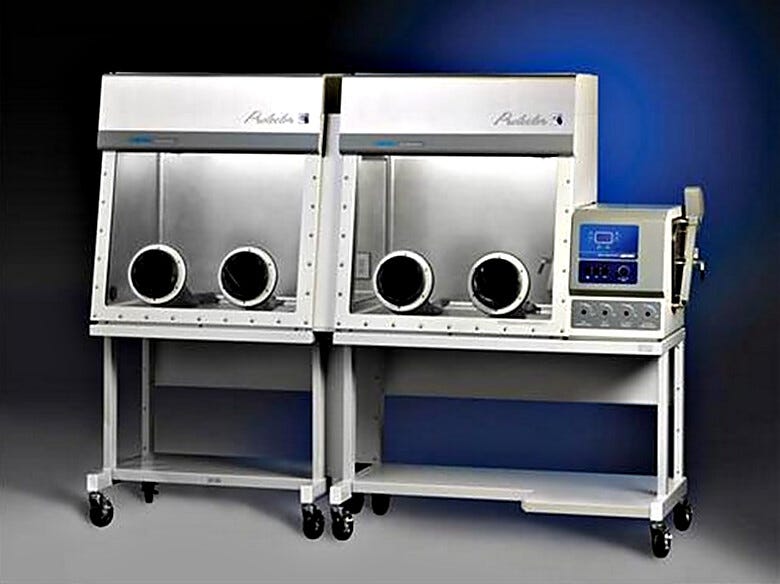 Labconco Protector Combination Glove Boxes shown in double configuration with four arm ports  |  3644-17 displayed