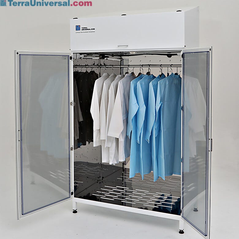 Large UV cabinet with mirrored stainless steel interior and hanger rod; HEPA filtration system is mounted on top, a perforated bottom allows for laminar airflow | 4101-15C-UV displayed