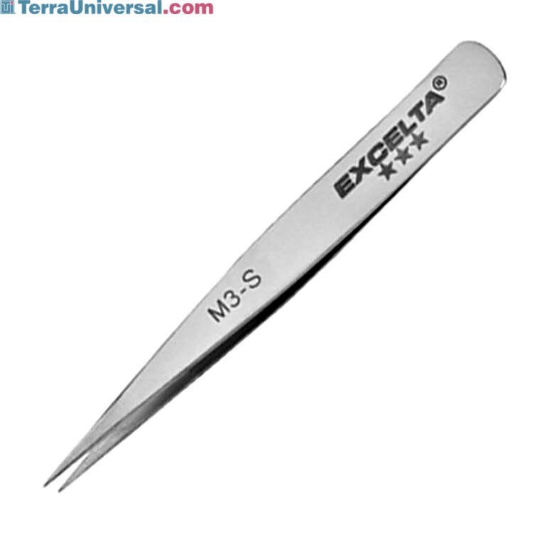 Tweezers feature straight fine tips. Made from 400 series (magnetic) Stainless Steel which has a slightly higher carbon content and produces a sturdy tip | 9302-44 displayed