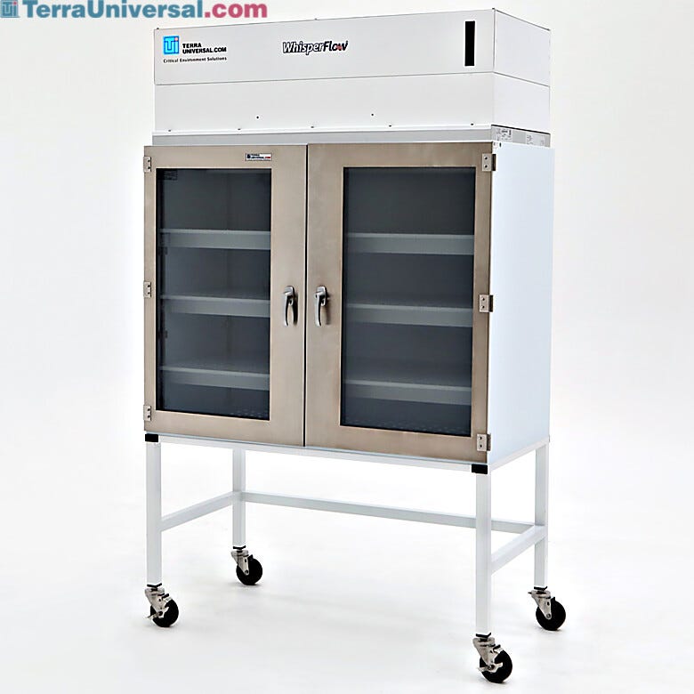 Mobile laminar flow cabinet with UPS battery system; ISO 5 Class 100 positive-pressure particle-free HEPA filtration; chemical resistant polypropylene design | 9715-06 displayed