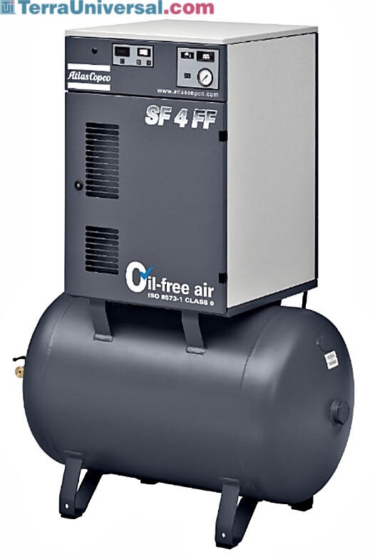 The Atlas Copco SF Series Oil-Free Scroll Compressor delivers certified 100% oil-free compressed air  |  6800-PP-05 displayed
