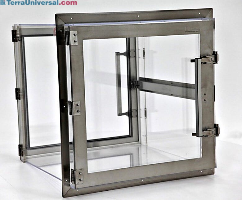 Acrylic cleanroom pass-through with stainless steel-reinforced door frames includes a mechanical interlock to prevent cross-contamination | 1992-51D displayed