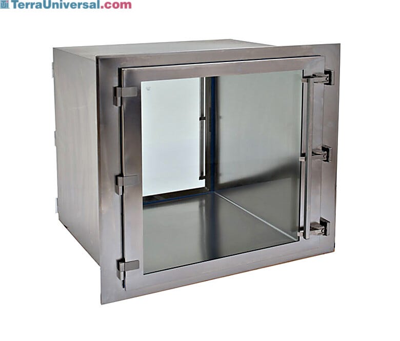 CleanMount(tm) BioSafe Passthrough mounts flush against cleanroom wall | 2636-79C displayed