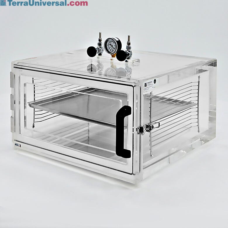 Clear acrylic vacuum desiccator cabinet with front swing door, shelving, vacuum gauge and needle valves  |  5235-81 displayed