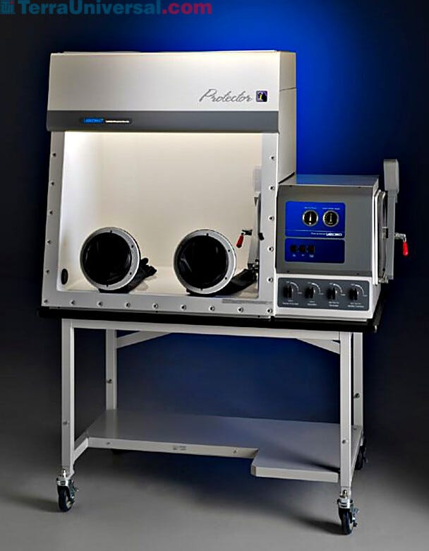 Protector Controlled Atmosphere Glove Box shown with fiberglass lining and optional base stand | 3644-05 displayed