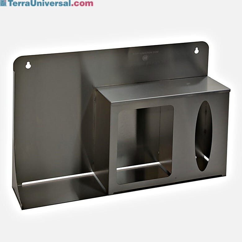 Respiratory hygiene station,304 stainless steel with hinge-topped glove and face mask holder, platform for hand sanitizer; wall-mount design | 5604-60 displayed