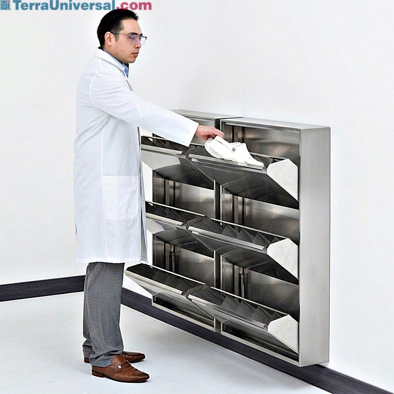 Tilt-out stainless steel compartments demonstrate easy access and ergonomic design for cleanroom footwear management | 2633-90 displayed