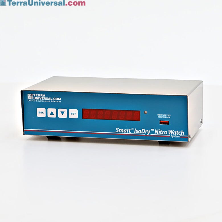 Terra's Smart® IsoDry® Nitro-Watch™ logs data at user specified intervals: RH, temp, door open/close, purge on/off, and sensor removal/attachment