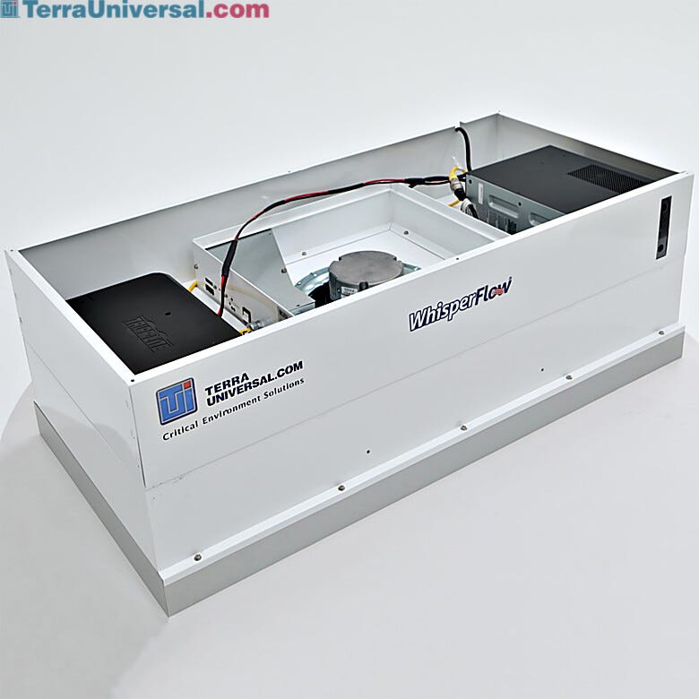 Uninterruptible Power Supply (UPS) mounted on top of FFU; main UPS unit plus add-on battery for extended runtime; status indicator lights provide visual alerts  |  6601-24A-H-EC-BP displayed