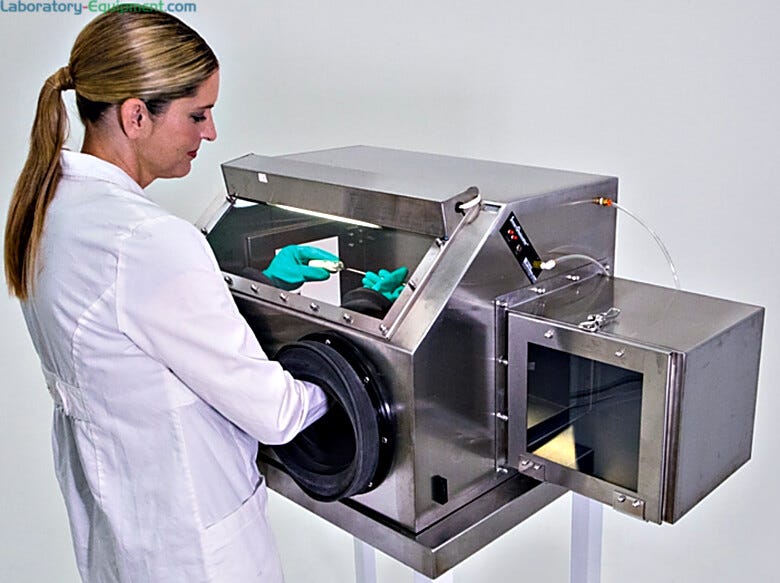 Smart® stainless steel glove box with automatic RH control maintains an inert environment to protect oxygen- and moisture-sensitive parts; optional air lock  |  3305-34A displayed