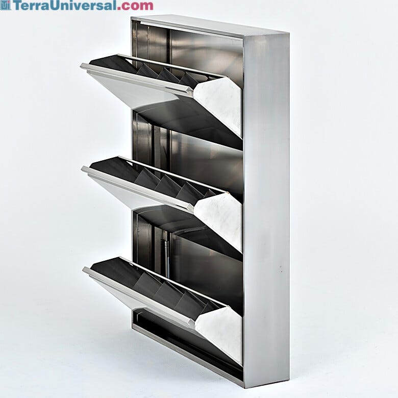 Wall-mounted stainless steel shoe cabinet featuring three storage compartments | 2633-90 displayed