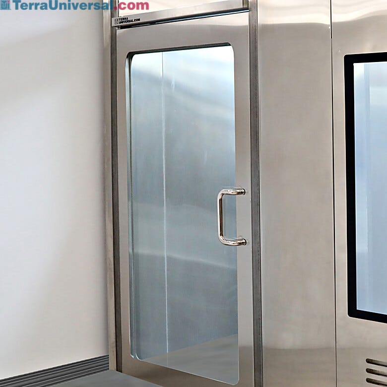 Stainless steel left hand reverse manual cleanroom door with a full view window | 6602-78-L displayed