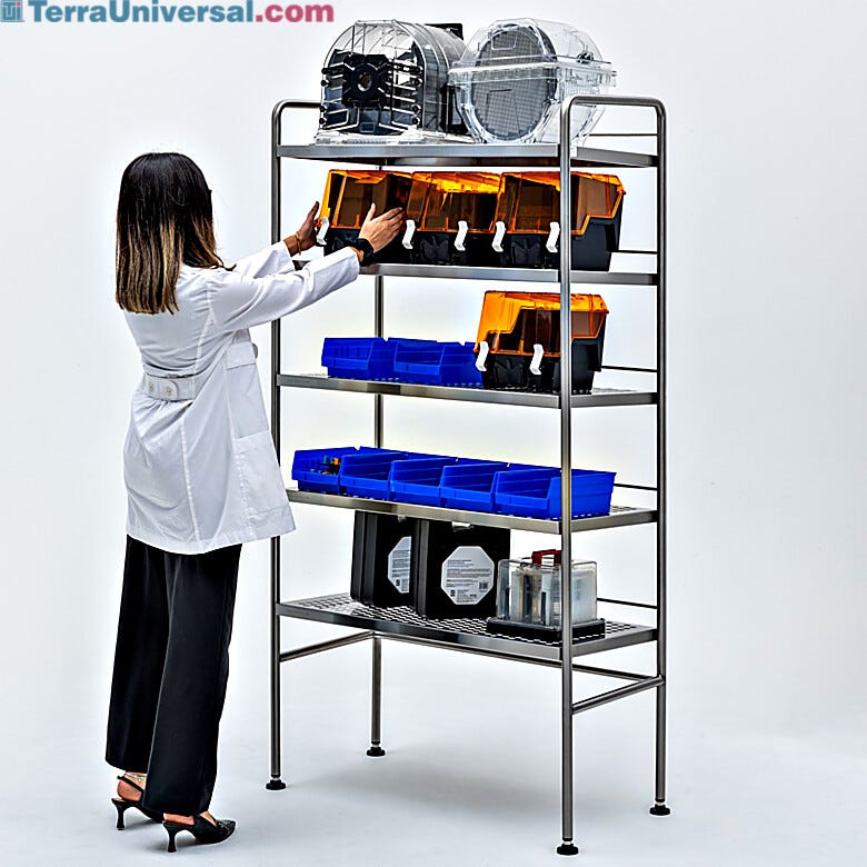 Stainless steel storage rack wth rear retaining bar and side flanges to prevent items from sliding off of the 5 rearward sloping shelves  |  9611-31B displayed