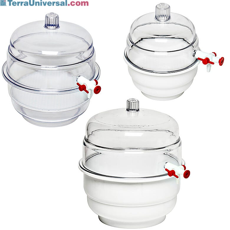 Vacuum Space-Saver desiccator drying chambers from Bel-Art feature white, chemical-resistant polyurethane base  |  1539-55 displayed