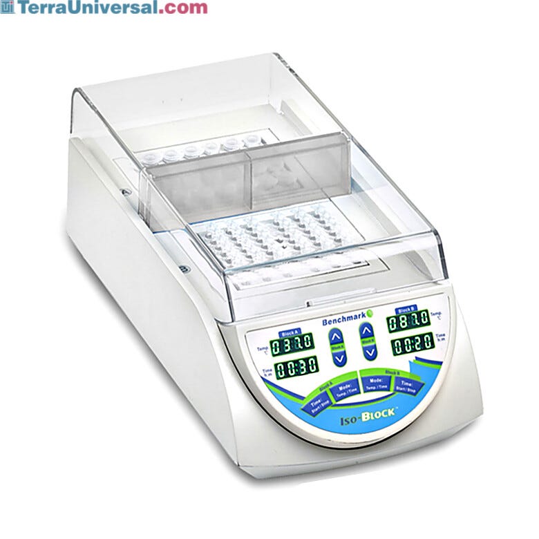 Benchmark's IsoBlock is a digital dry bath that features two isolated chambers maintain independent time and temperature control | 2829-49 displayed