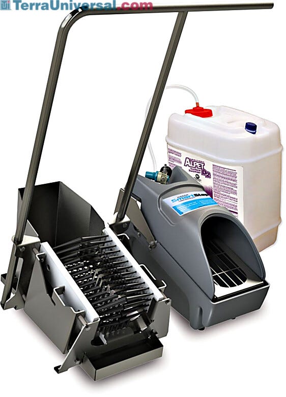 The SmartStep footwear sanitizing system is shown with optional boot scrubber and stainless steel handle