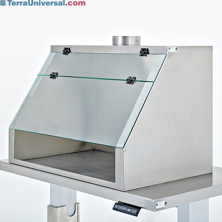 BioSafe® benchtop hood with inline duct ventilation. Photographed unit features optional tempered glass  |  5054-09 displayed