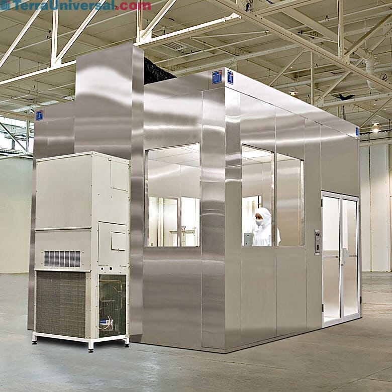 Air plenums can be added to all-steel BioSafe cleanrooms and ducted directly back into the fan/filter units (shown with integrated air conditioning unit)