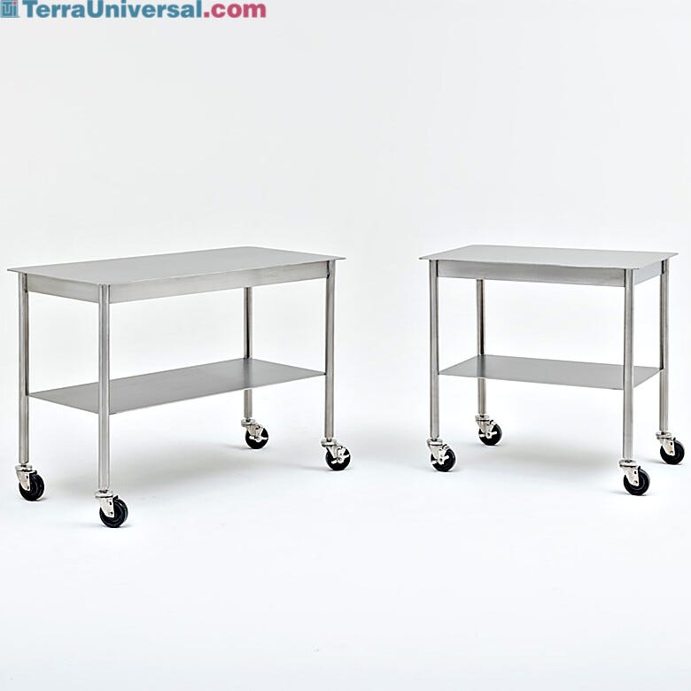 BioSafe® stainless steel instrument tables with lower shelf and rubber casters for reliable transport across sterile environments | 9609-PP-02 displayed