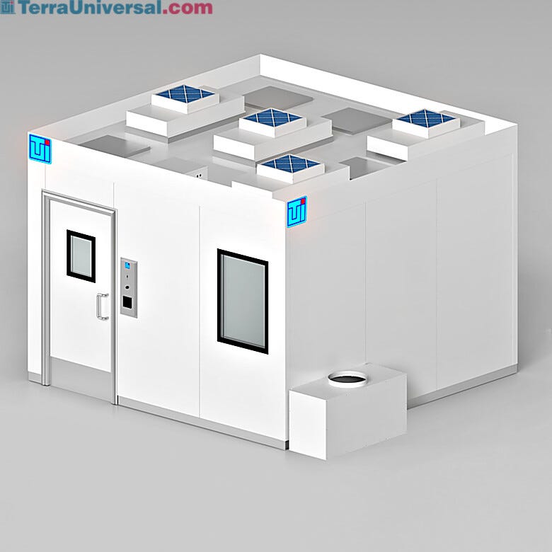 USP 800 Cleanroom Connecting to External Exhaust for Negative Pressure While Plenum Simplifies Utility Access and HEPA Filters Maintain Air Quality  |  2899-PP-03 displayed