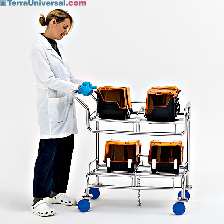 Round tubes provide smoother surfaces for reduced particle accumulation. Electropolished stainless steel cart with angled shelves secures wafer boats | 9600-14A displayed