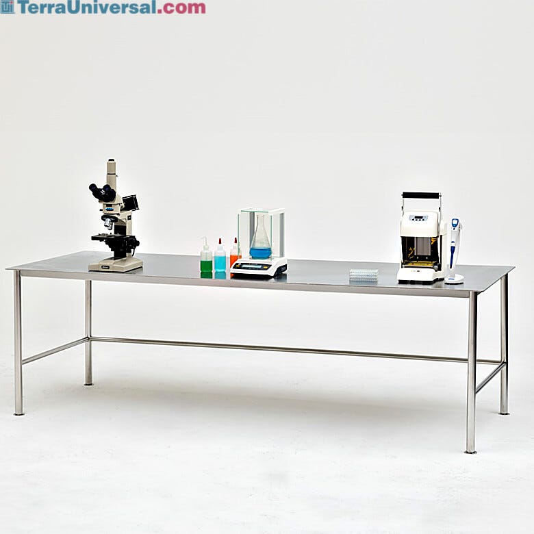 BioSafe® stainless steel workstation with round tube legs and 5mm solid top worksurface  |  9605-70 displayed