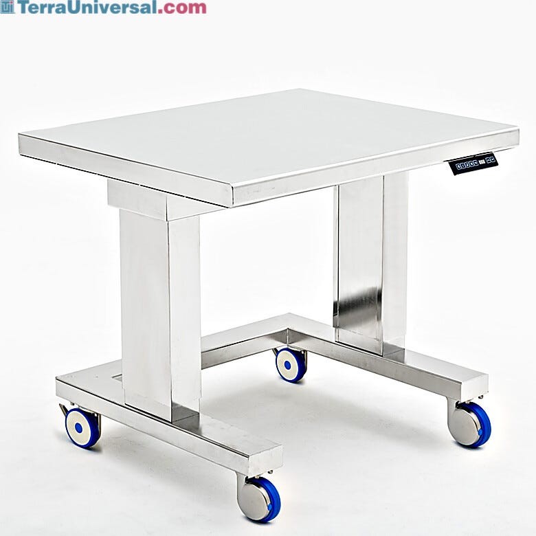 Fully encased adjustable height work station suited for critical environments. Electropolish finish and hygienic casters included | 9605-33-E-EP displayed