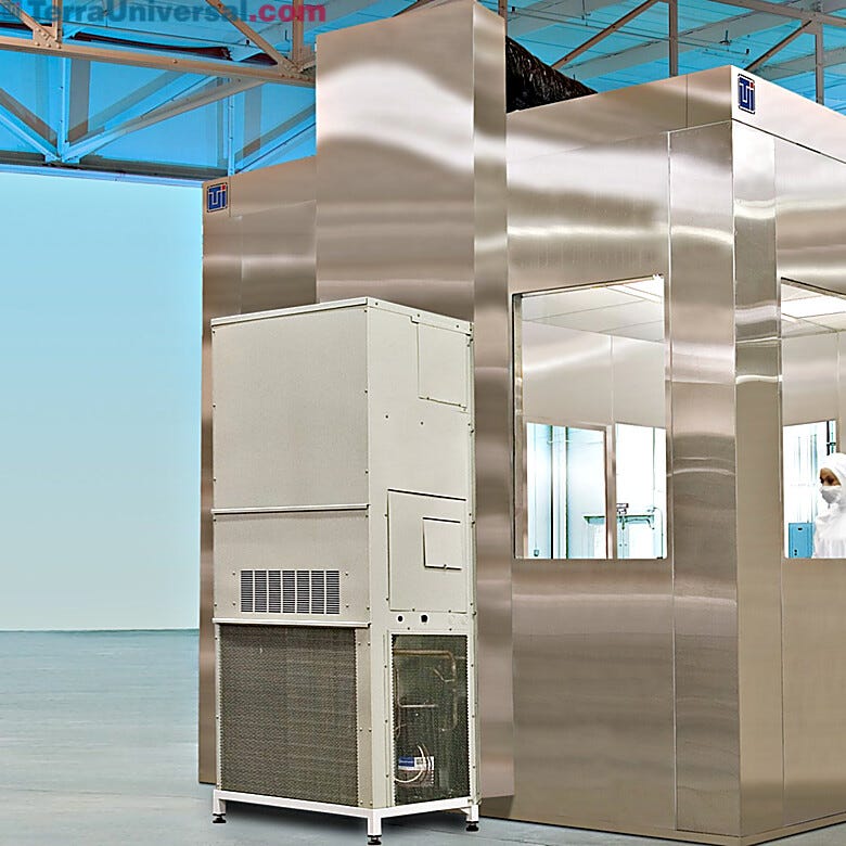 Air conditioning module passes colled air through Vertical Air Return to ducts connected to Fan/Filter Units (FFUs)  |  6704-27 displayed