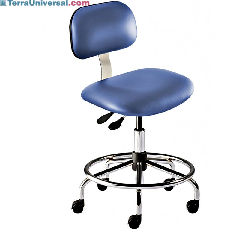 ANSI and LEED compliant Biofit Bridgeport BTS-M-RC ISO 6 Lab Chair features Grade 2 blue vinyl, casters, footring, a steel base and a 21-28