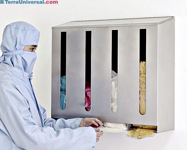 304 stainless steel wall-mount dispensers include slots for dispensing packaged gloves  |  4951-46-2 displayed