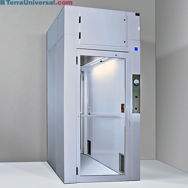 Pressurized cleanroom airlock for personnel with interlocking doors, 2’x 4’ low-energy EC fan filter unit, room-side replaceable HEPA filter | 6010-17A-PAL displayed