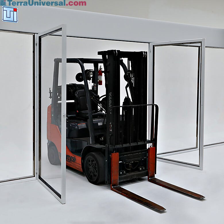 Extra-wide and tall access doors unlock and swing open without disassembling the cleanroom frame for large equipment such as forklifts to move through  |  6608-01 displayed