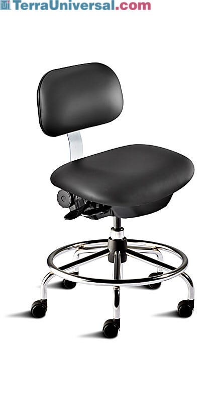 Biofit ISO4 black desk chair includes high profile tubular steel base, dual-wheel casters, footring and concave seat with internal seat board bumperguard