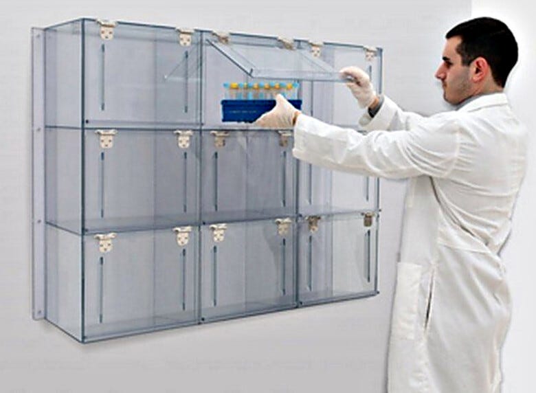 Plastic 9 Compartment Wall Mounted Cleanroom Storage Cabinet Shown with Model  |  4105-02 displayed