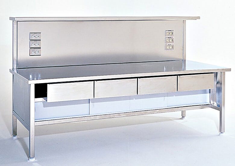 Cleanroom-compliant 304 stainless steel electrical bench includes drawers, shelf, outlets  |  9600-65 displayed