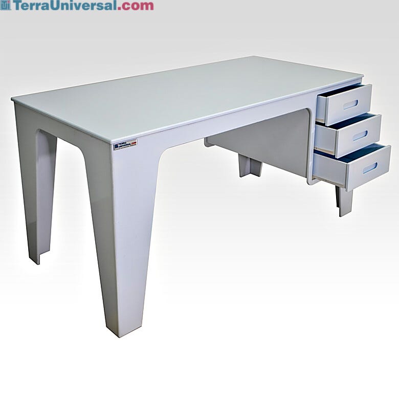 All-polypropylene white work table with 3 integrated left-side drawers  |  7018-41 displayed